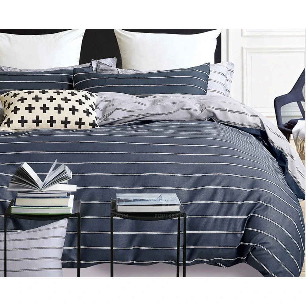Gauggin Navy Blue Striped 100%‎ Cotton Reversible Comforter Set Twin Minimalist